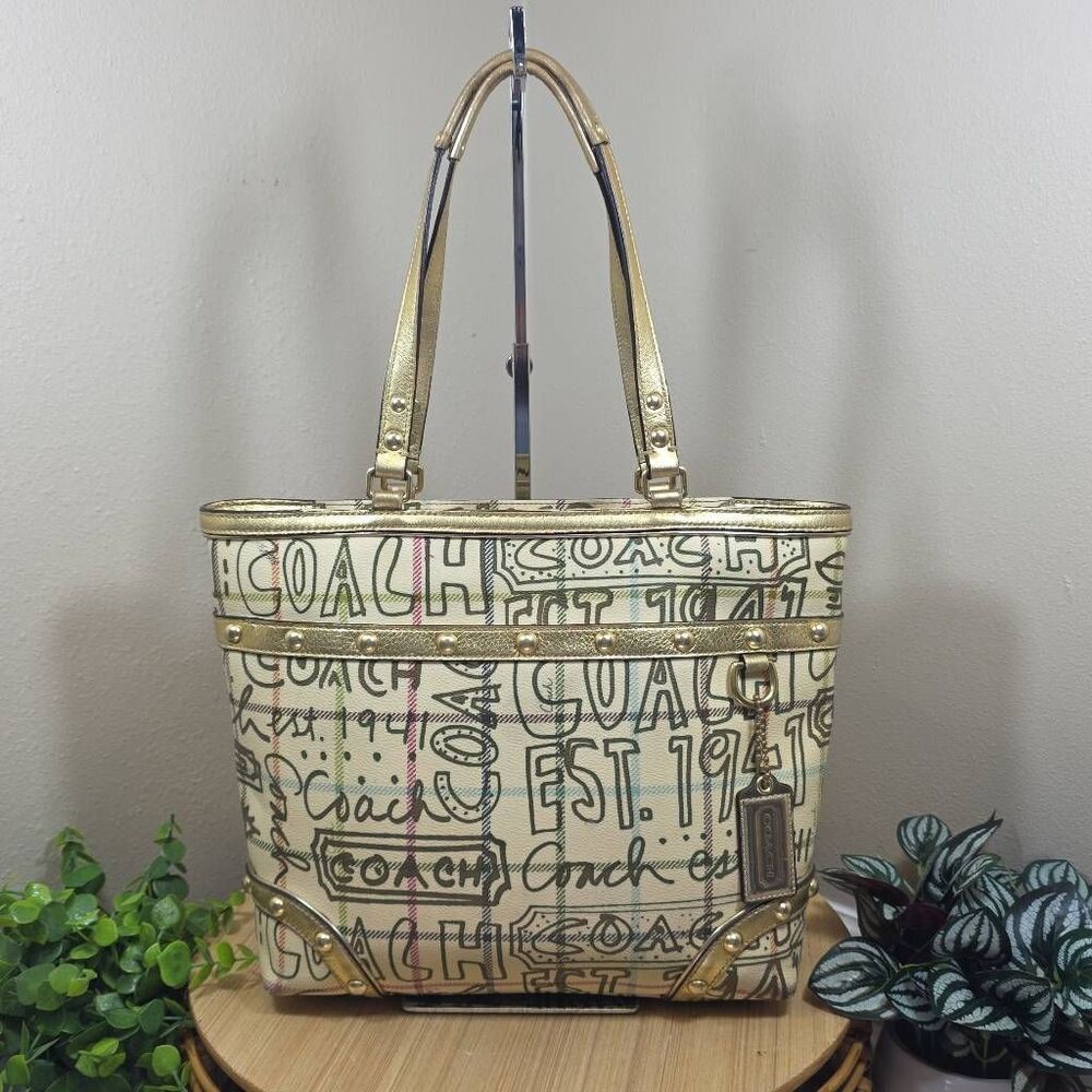 Coach Heritage Tattersall Graffiti Gold Tote Bag Limited Edition